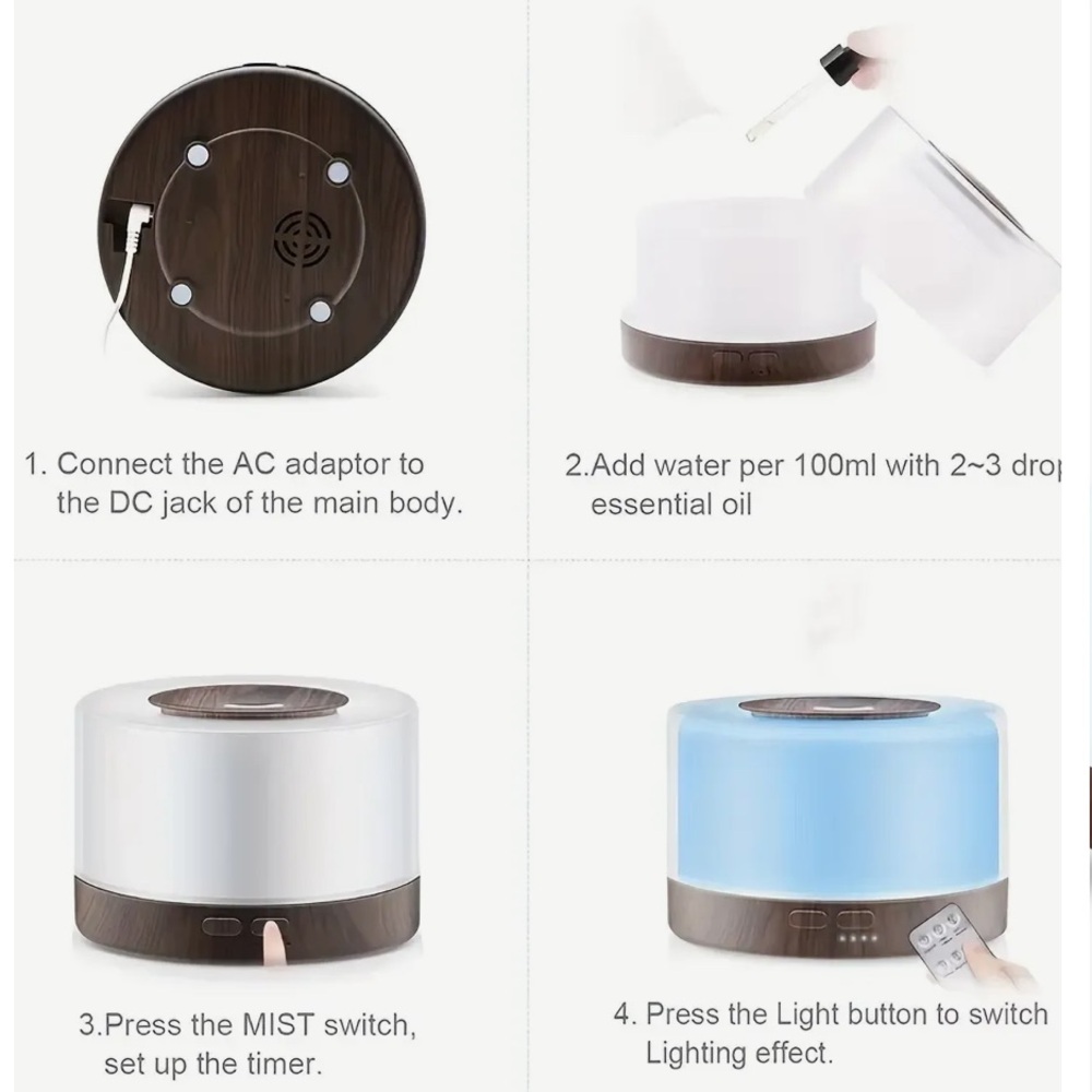 Diffuser + 6 Essential Oils + USB cable Ultrasonic Remote Control NEW - Picture 5 of 6